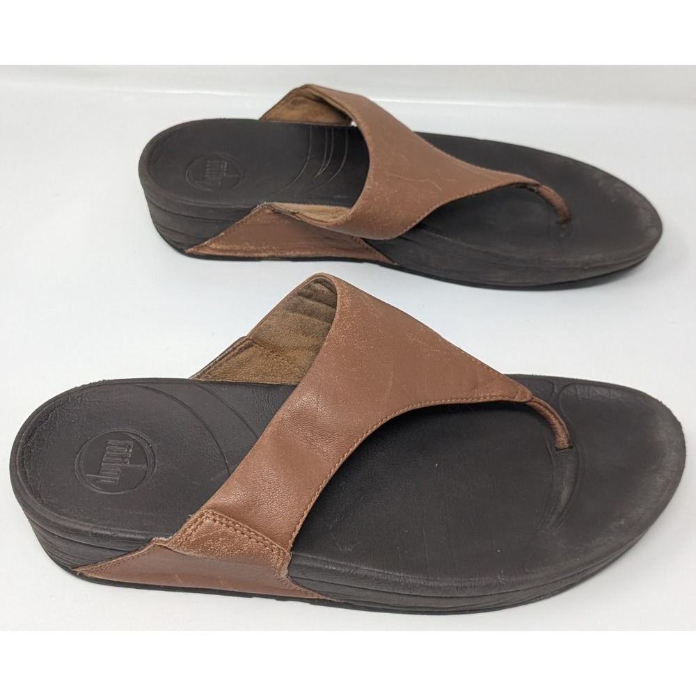 FitFlop Lulu Flip Flops Womens Sz 10 Brown Leather Thong Wedge Toe Post 288-113